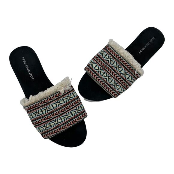 Rebecca Minkoff Printed Fringe Trim Slide Sandals - 9 - Picture 1 of 11